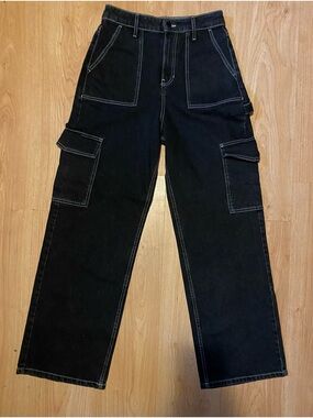 High Waisted Wide Leg Social Tourist Black Jeans with White Contrast Stitching